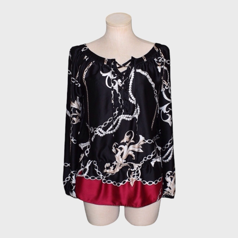 White House Black Market Chain Print Lace Up Satin Blouse